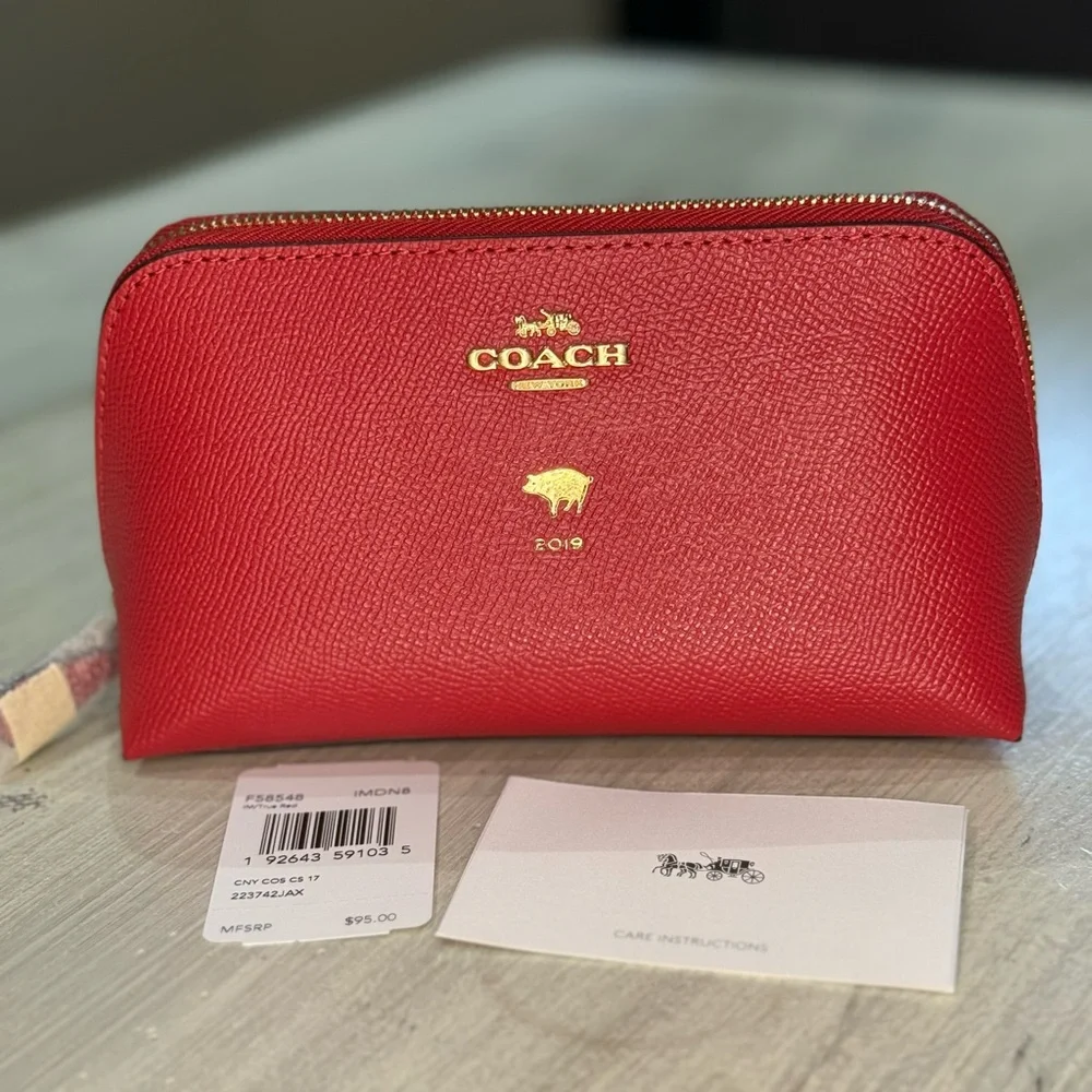 Coach Lunar New Year 2019 Pig Red Leather Cosmetic Pouch with Gold Logo